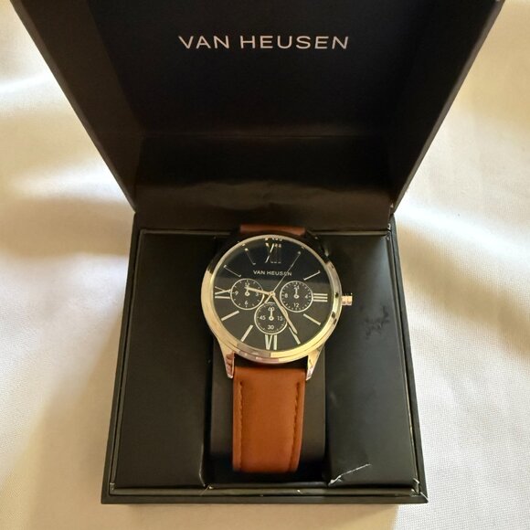 Van Heusen Men's Chrono Watch - Navy / Silver With Brown Band - Picture 1 of 5